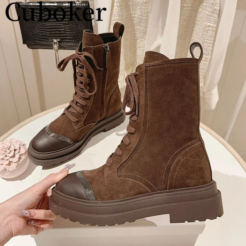 High Quality Women Suede Leather Boots Lace up Thick Sole Round toe Female Zip Ladies Motorcycle Short Boots Winter Women mujer