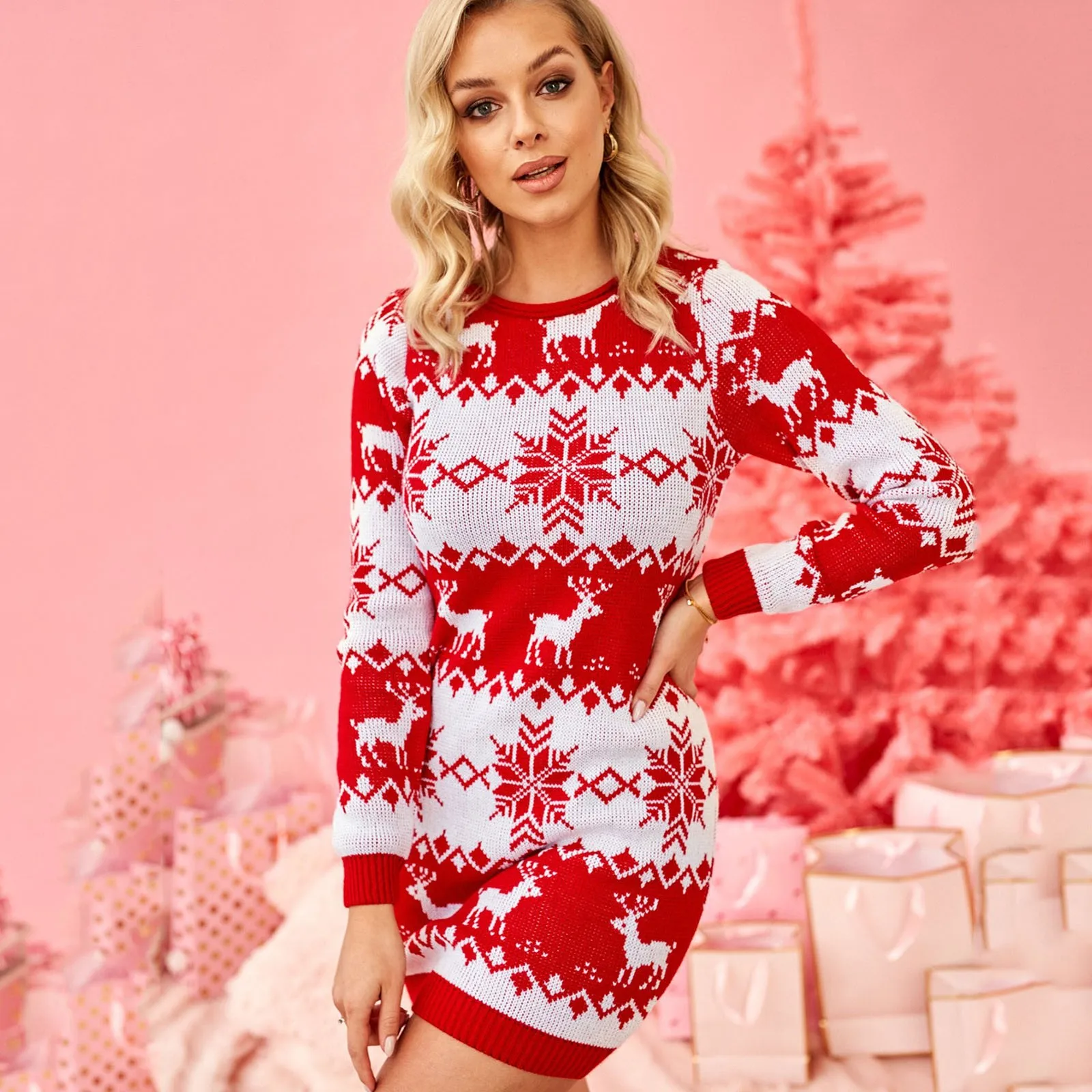 Womens Christmas Knitted Sweater Dress Santa Claus Snowflake Print Bodycon Mini Dresses Long Sleeve New Year Party Clothes