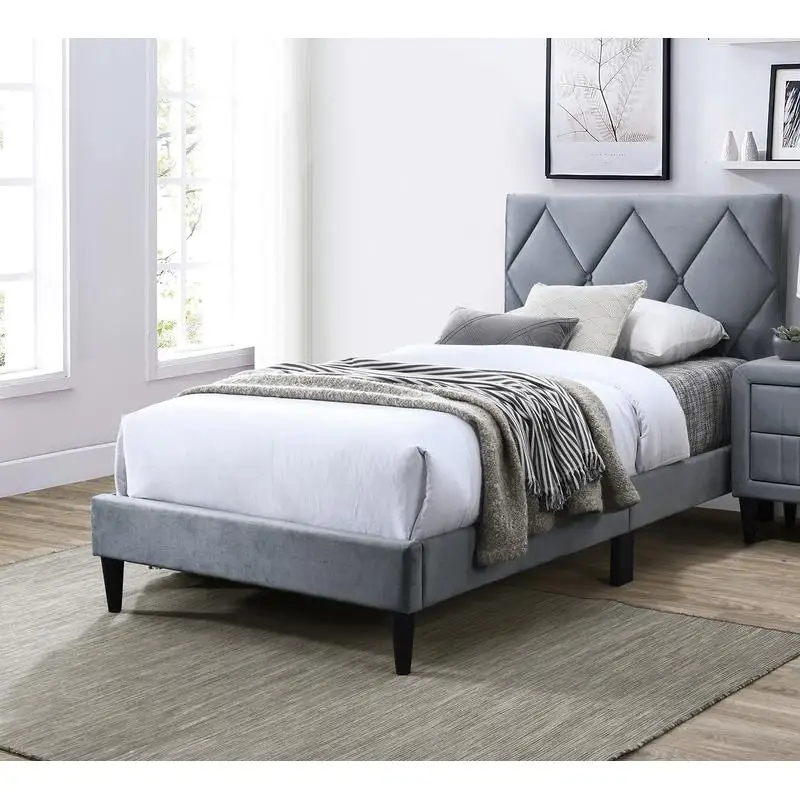 إطار سرير مزدوج الحجم مع لوح رأسي قابل للتعديل، أثاث منجد باللون الرمادي المخملي لغرفة نوم الشباب