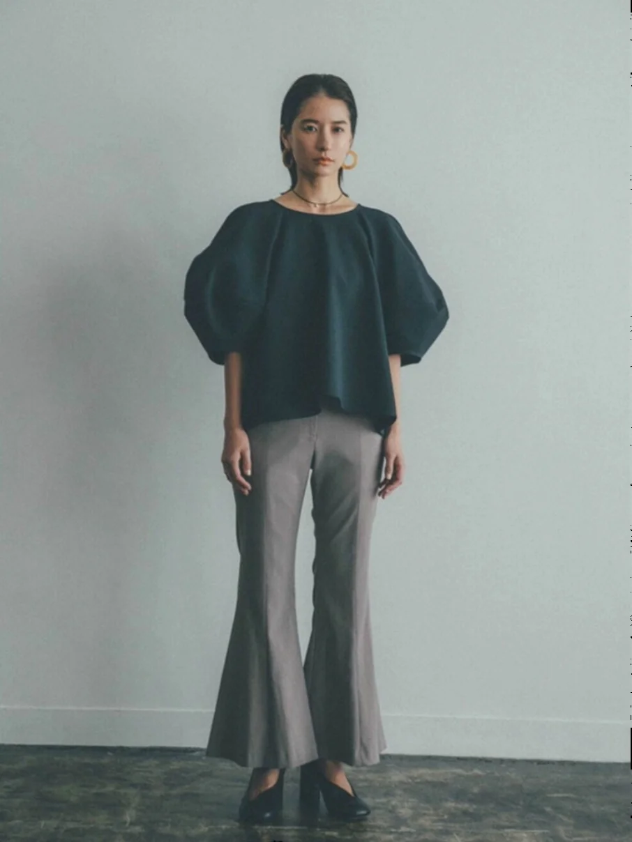High Waist Bell Bottom Casual Pants Nine Points Commute OL Retro  Sato Haruna Women's Patchwork Grey Splicing