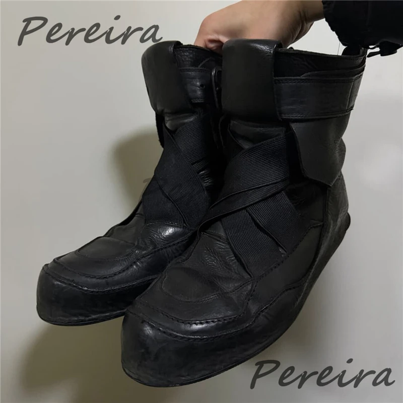 Retro Cross Elastic Strap Thick Soled High Top Sneakers Trendy Round Toe Belt Buckle Back Zipper Short Boots Men's Casual Shoes