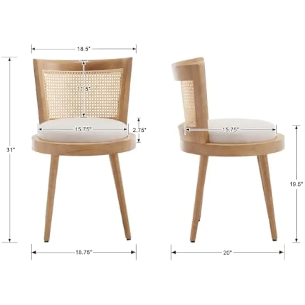 Modern rattan-back dining chairs set of six with beige linen upholstery and natural rubberwood legs — curved silhouette mid-cent