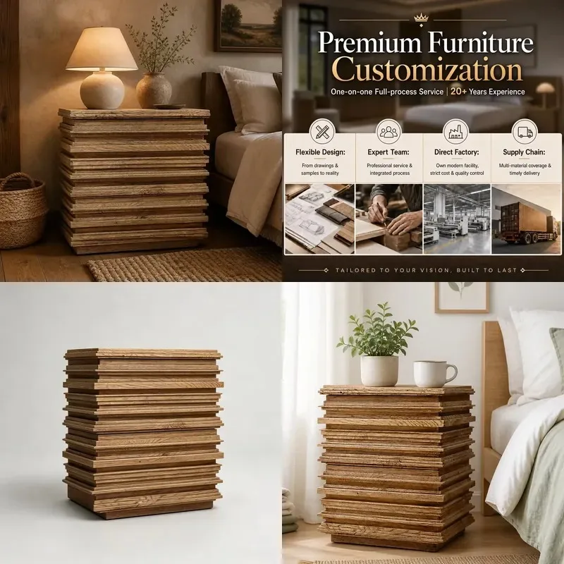 Modern Eco Friendly Handmade Solid Oak Bedside Table with Wooden Handle Cross Grain Design Closed Storage Luxury Hotel