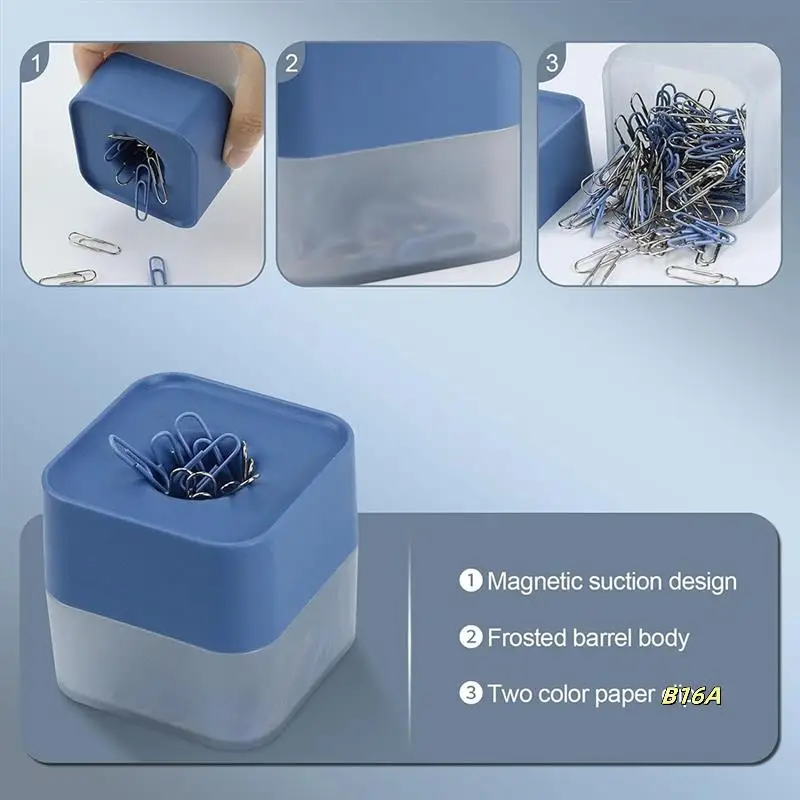 New Two-Color Paper Clips In Elegant Magnetic Frosted Square Clip Holder, 28Mm, 130 Clips Per Box Easy Install (Sky Blue)