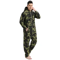 Men Long Sleeve Hooded Onesie Homewear Spring Autumn Green Camouflage Print Pajamas Sleepwear