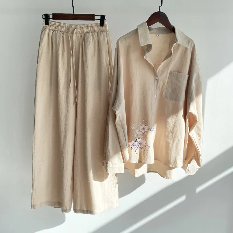 Losse effen kleur broek met enkele rij knopen en wijde pijpen Dames 2-delige set Retro katoenen en linnen overhemd Hoog getailleerde broekset
