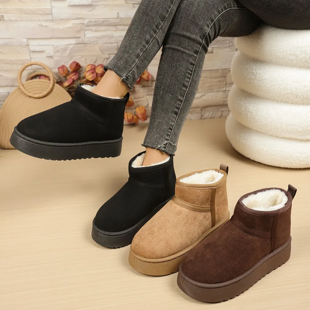 Winter-Dicksohlige Gefütterte Schneestiefel für Damen, Warme Kurze Stiefel mit Runder Spitze, Baumwollschuhe für Frauen