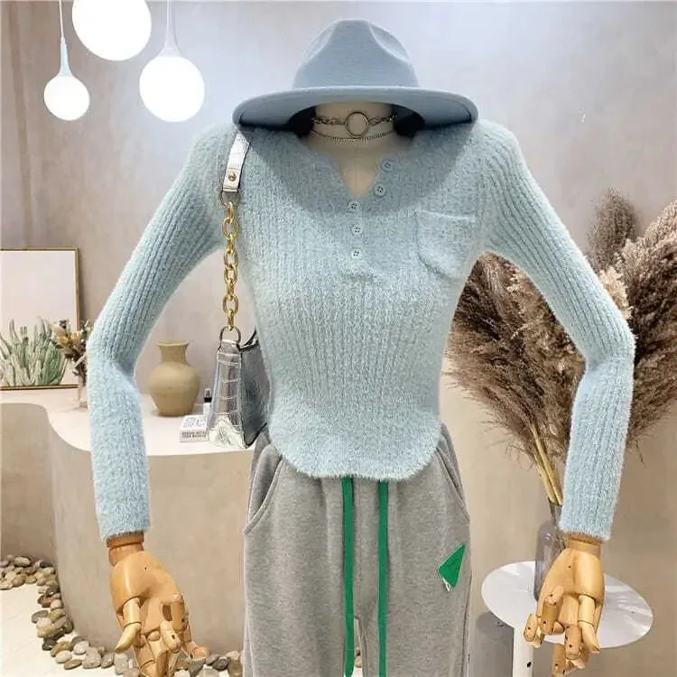 Mink Cashmere Sweet Crop Top Sueters Mohair Pullover Pink Sweater Mujer Jumper  Knitted Y2k Women Sweaters Slim Korean Style