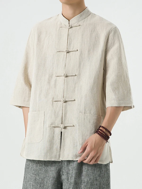 

Новая мужская рубашка в китайском стиле из хлопка и льна с коротким рукавом, на пуговицах, в стиле Ханьфу, для чаепития, свободного кроя, дышащая, летняя, модная