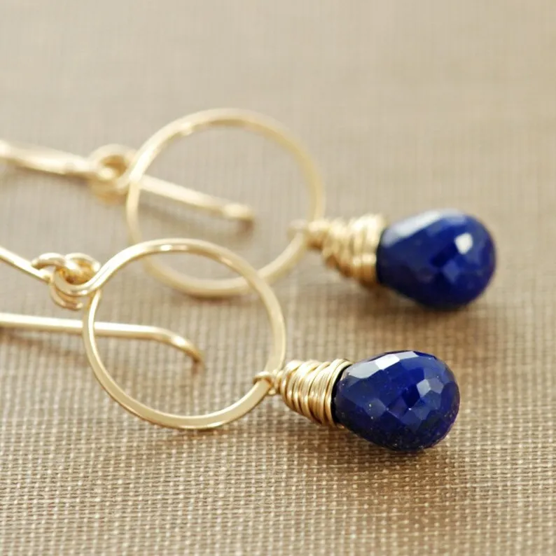 Lapis Lazuli Gold Hoop Earrings, September Birthstone Navy Blue Gemstone Dangle Earrings, Handmade Earrings, aubepine