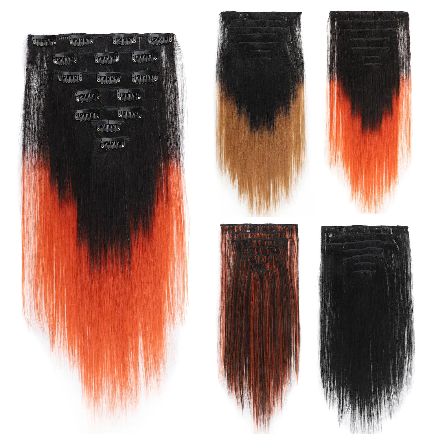 

Jeedou 7Pcs Clip-in Synthetic Hair Extensions 16Clips Short Straight Hairpieces Black Orange Ombre Color for Girls Daily Use