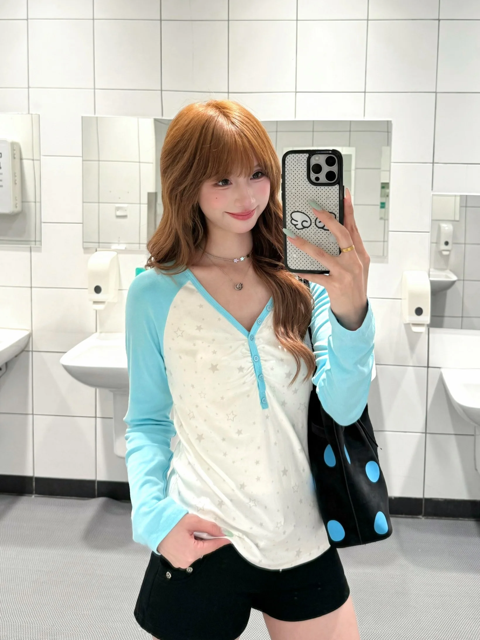 BeOurRule Vintage Korean Style Long Sleeve Button Collar T-Shirt Women Slim Fit Star Print Color Block Casual Top