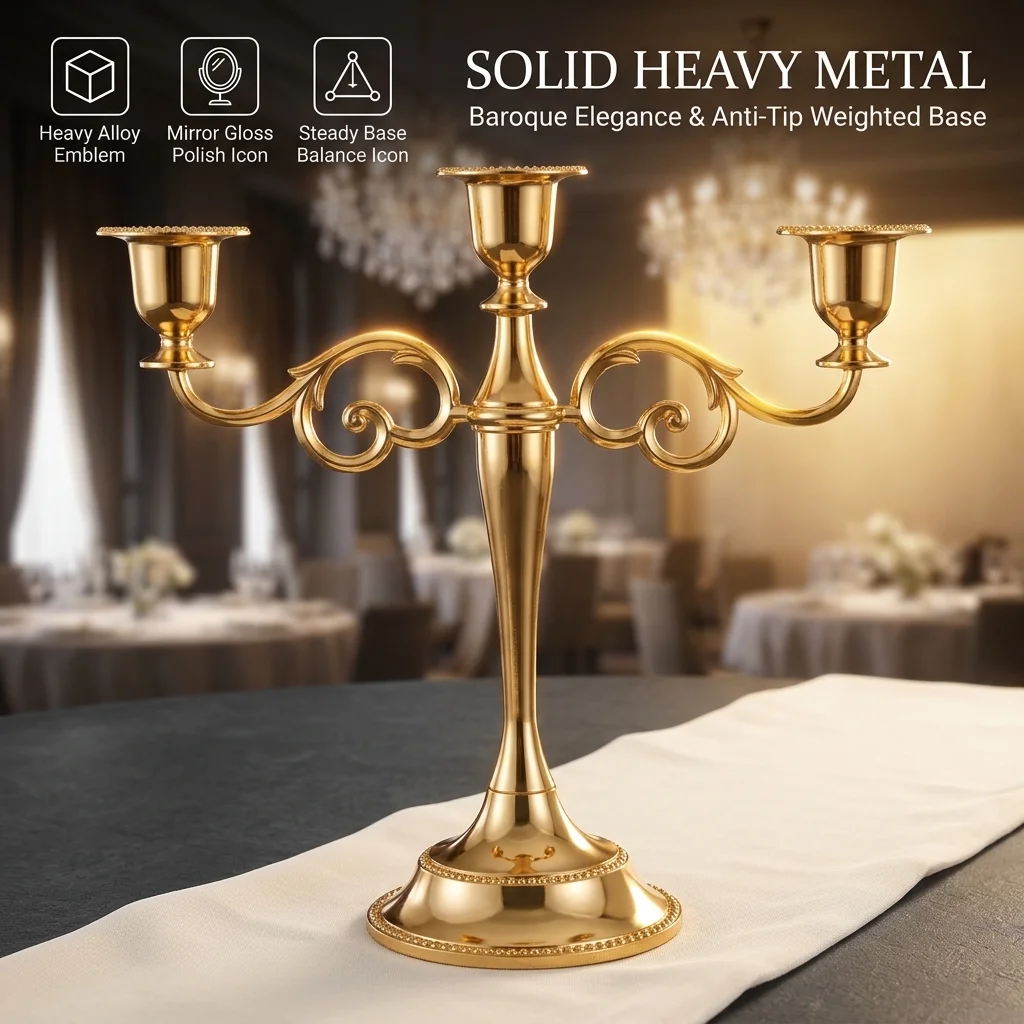 Vintage Scroll 3 Arms Candelabra Metal Taper Candle Stand Elegant Table Ornament for Banquet Holiday Wedding Reception Decor
