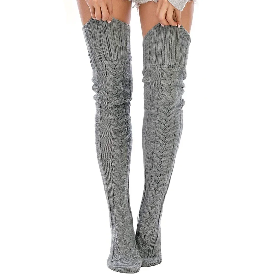 

Women's Cable Knitted Thickening Thigh High Boot Socks Extra Long Winter Stockings Over Knee Black White Grey Leg Warmers