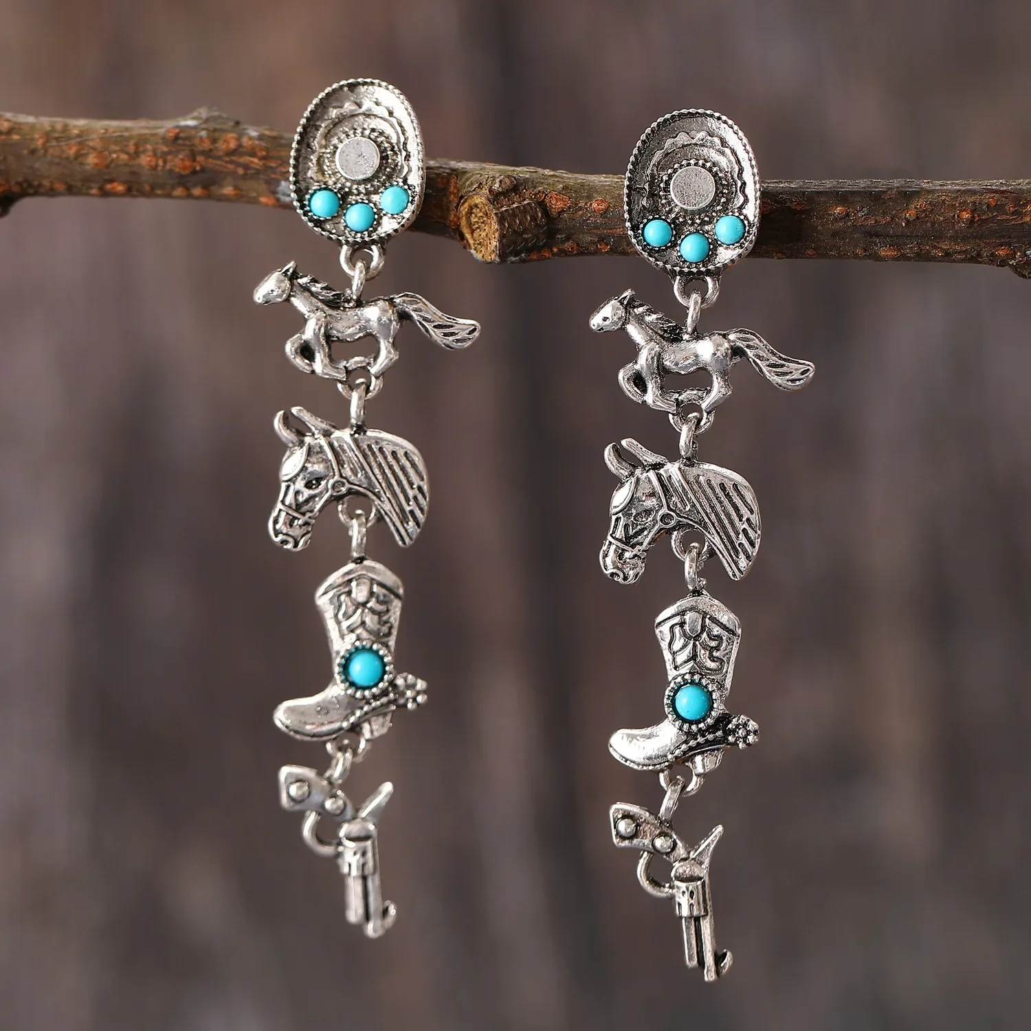 Vintage Bohemia Turquoise Cowboy Hat Boots Horse Earrings for Women Trendy Exaggerate Earring Party Wedding Jewelry Gift