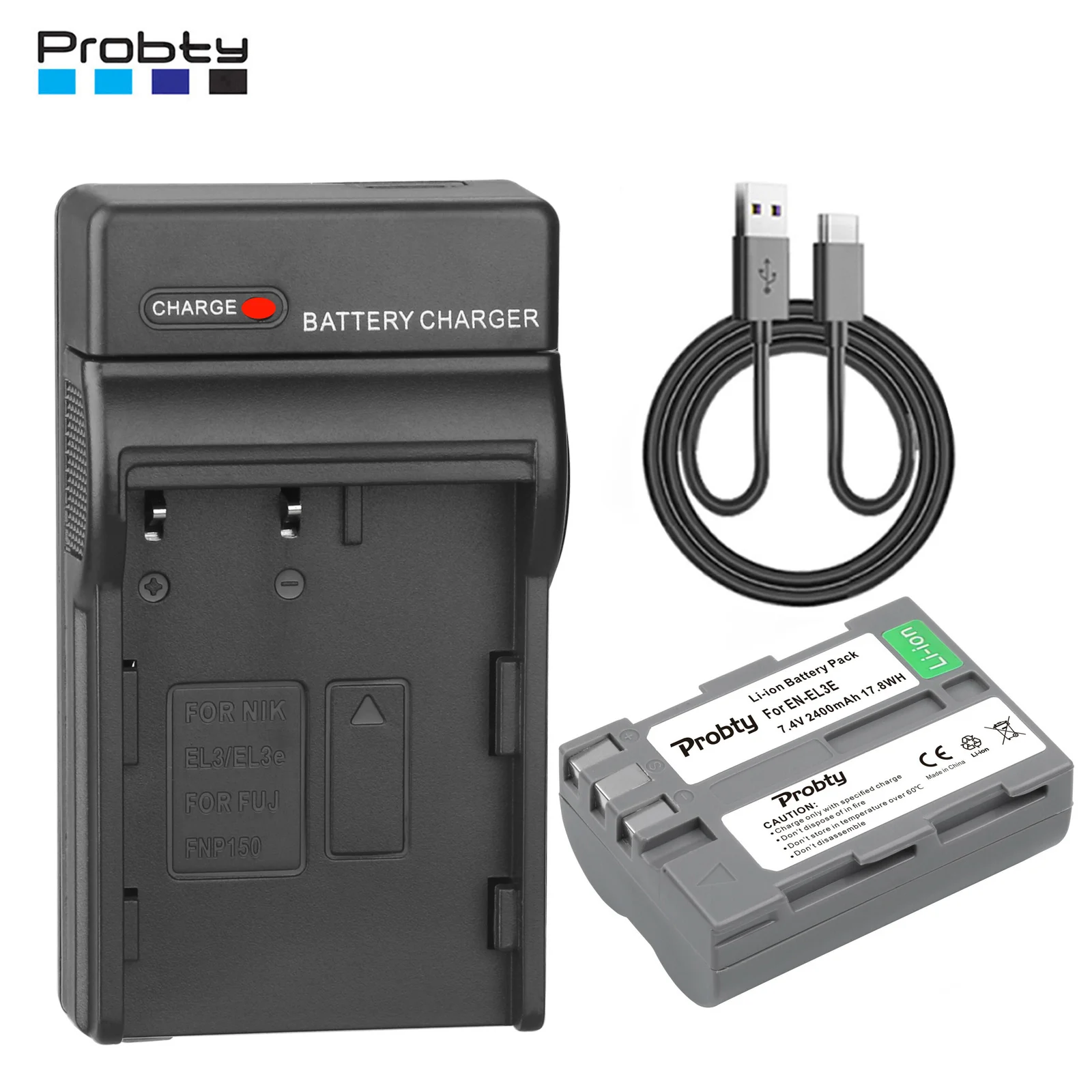 Probty 2400mAh EN-EL3E EN EL3E ENEL3E Battery + USB-C Charger for Nikon D300S D300 D100 D200 D700 D70S D80 D90 D50 L50 Camera