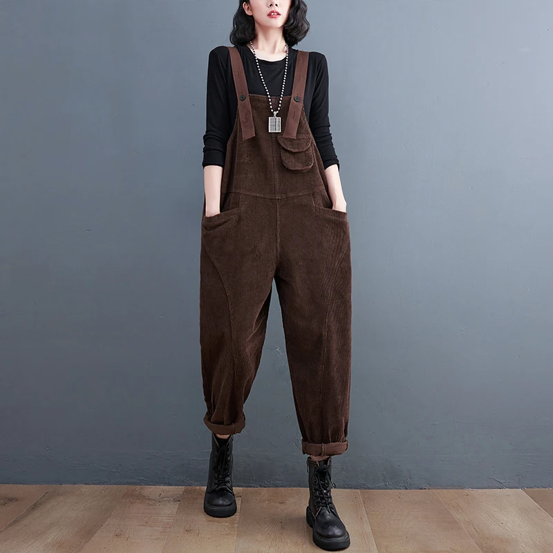 Fashion Streetwear Winter Corduroy Overalls For Women Pockets Straps Ladies Jumpsuits Loose Baggy Wide Leg Cargo Pants Red Black