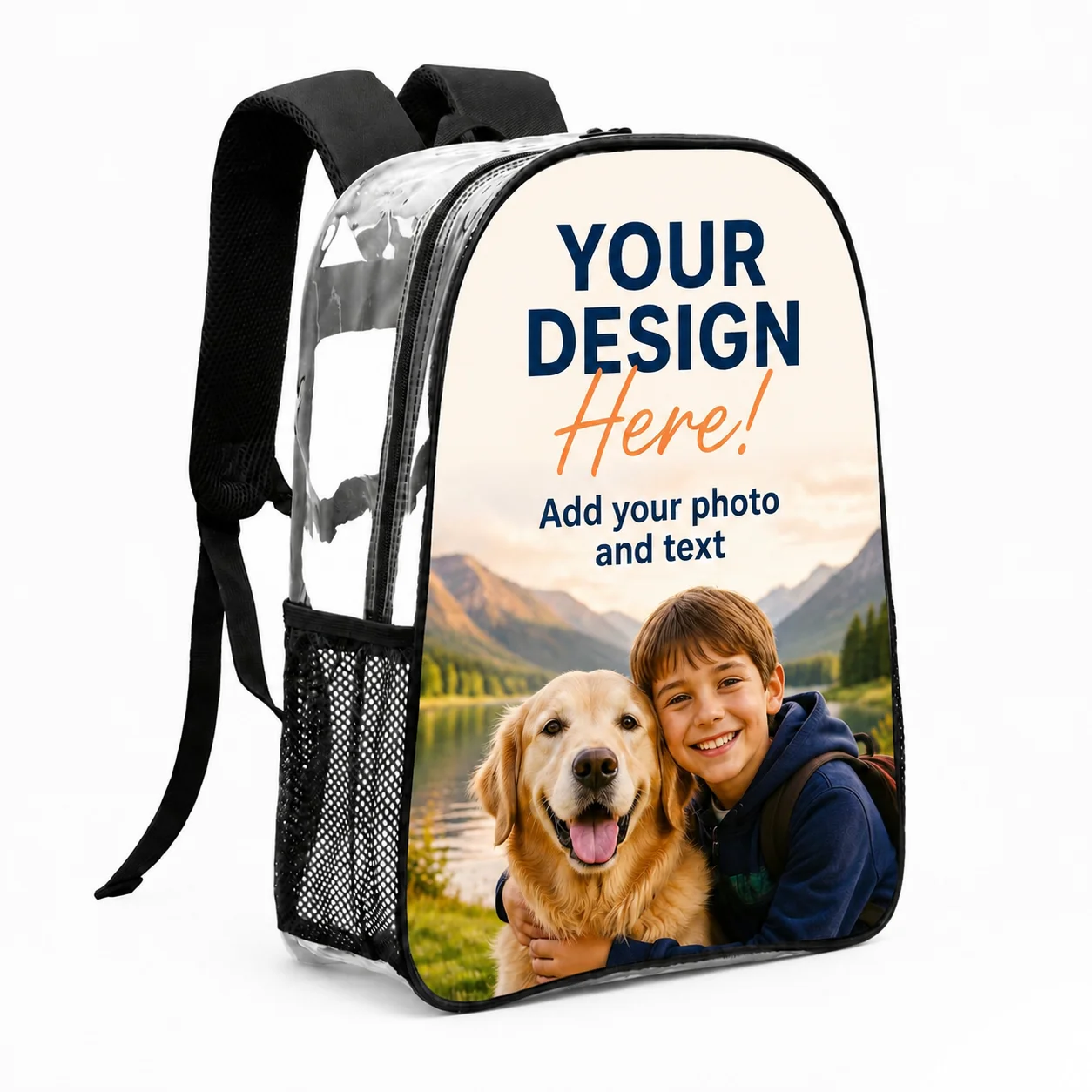 Custom Clear PVC Transparent Backpack DIY Personal Photo Print Stadium Approved Side Mesh Pocket Waterproof School Bag
