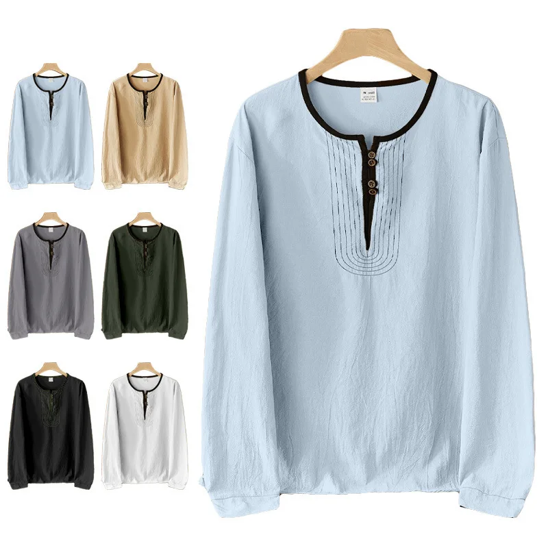 Spring Autumn Men Loose Casual Shirt Contrast Neck Decorative Stitching Long Sleeve Multi‑color
