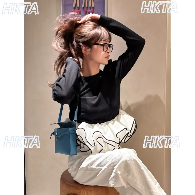 Japanese French Bubble Sleeve Ruffle Splicing Contrasting Color Long-sleeved Tshirt Women New Autumn Elastic Slim Black T Shirt