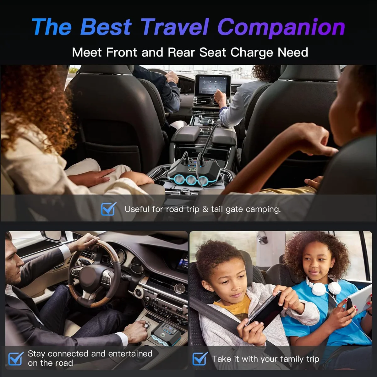 محول فاصل ولاعة سجائر ، شاحن سيارة 7 في 1 ، 4 منافذ USB مع مفتاح ، شاشة عرض جهد ليد لجميع أجهزة السيارة