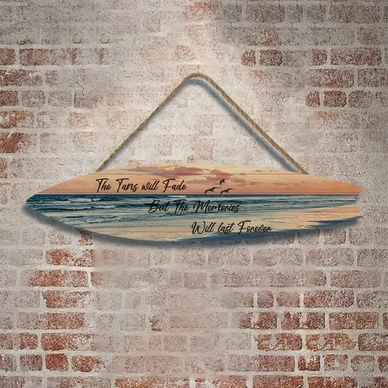 ديكور حائط على شكل لوح ركوب الأمواج على الشاطئ - فن المناظر البحرية الاستوائية على مادة تشبه الخشب - تصميم خفيف للاستخدام الداخلي/الخارجي