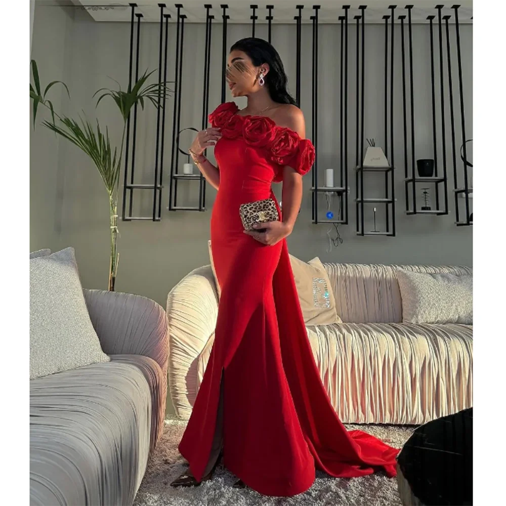 

Classy Red Formal Evening Party Dresses Off the Shoulder Floor Length Slim Fit Trumpet Sleeveless Fancy Flowers Women Prom Gowns