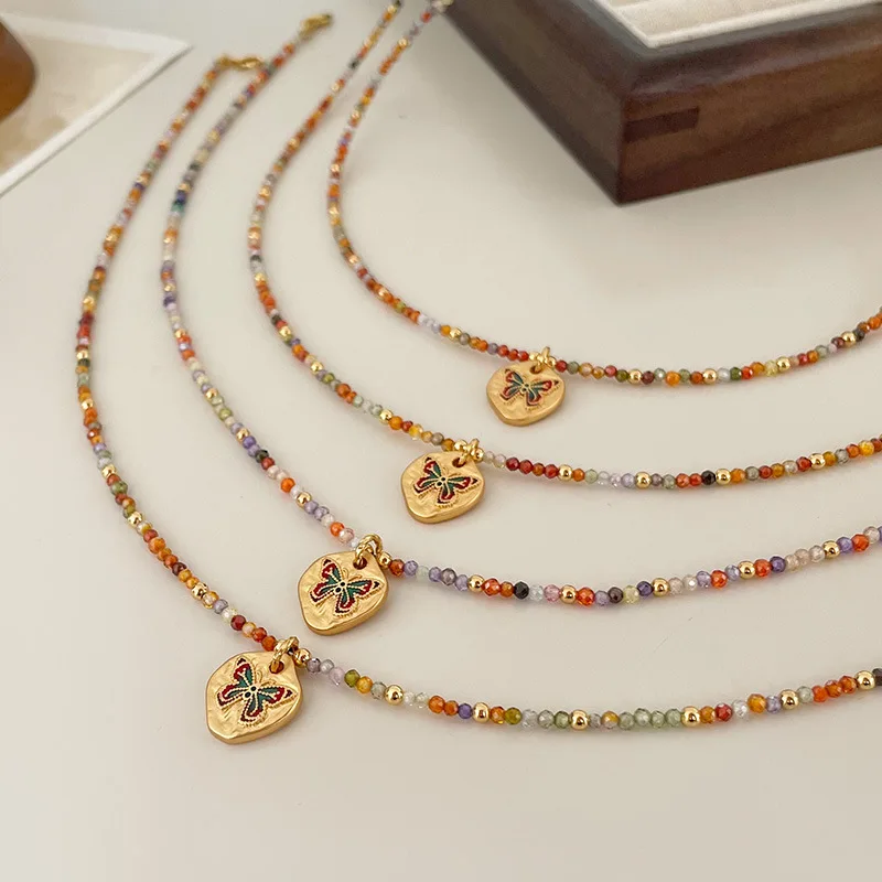 

One Layer Multi Colorful Glass Bead Necklace For Women Girl Gift Butterfly Charm Bracelet Hot Sale Design Fashion Jewelry Set