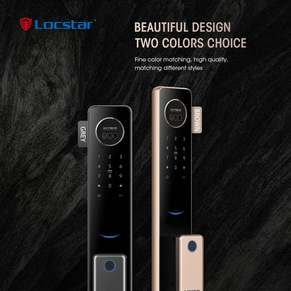 Locstar 3d Face Recognition Multifunction Video Intercom Intelligent Bronze Gold Smart Lock Door With Camera For Wooden Doors