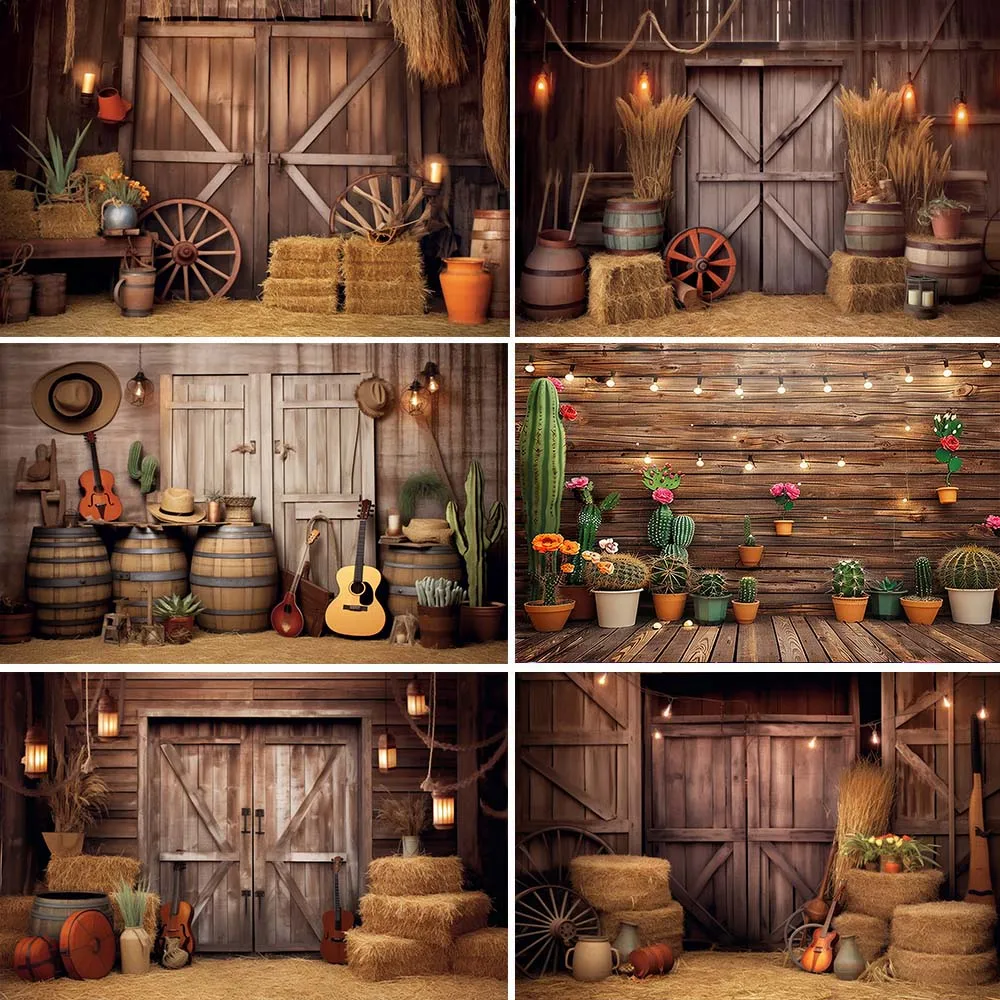 Western Cowboy Photography Prop Backdrop West Rustic Farm Barn Haystack Hay Bale Wheel Kids Baby Birthday Party Photo Background