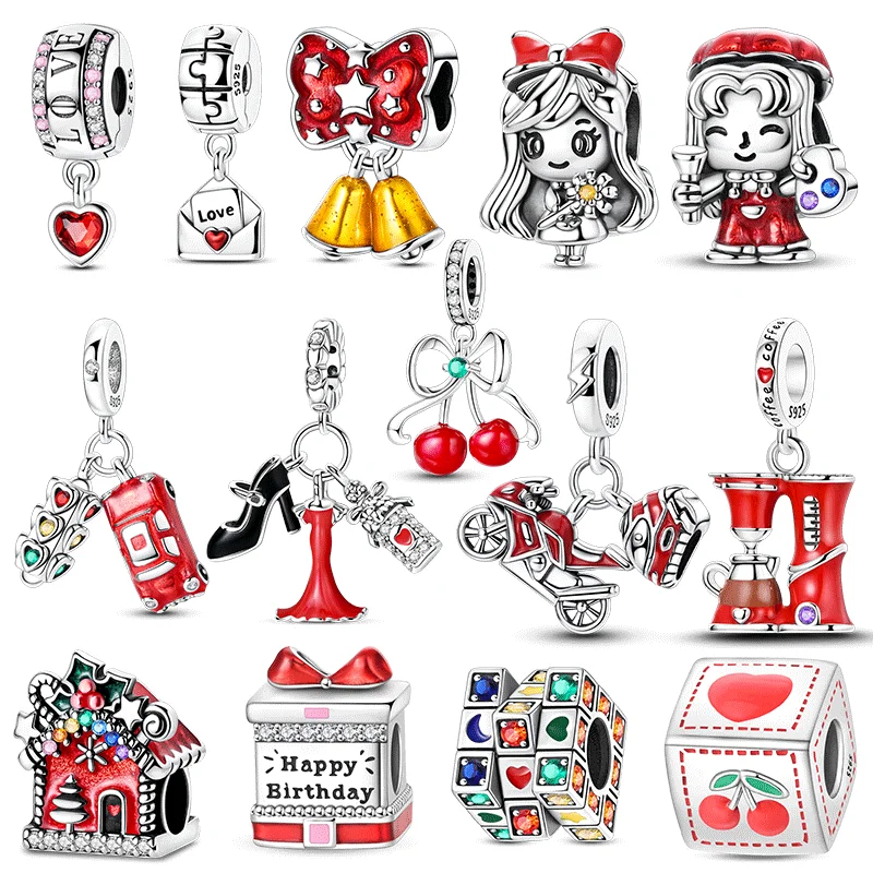 

925 Sterling Silver Red Series Coffee Maker Traffic Light Vehicle Pendant Fit DIY Bracelet Necklace Boutique Birthday Gifts