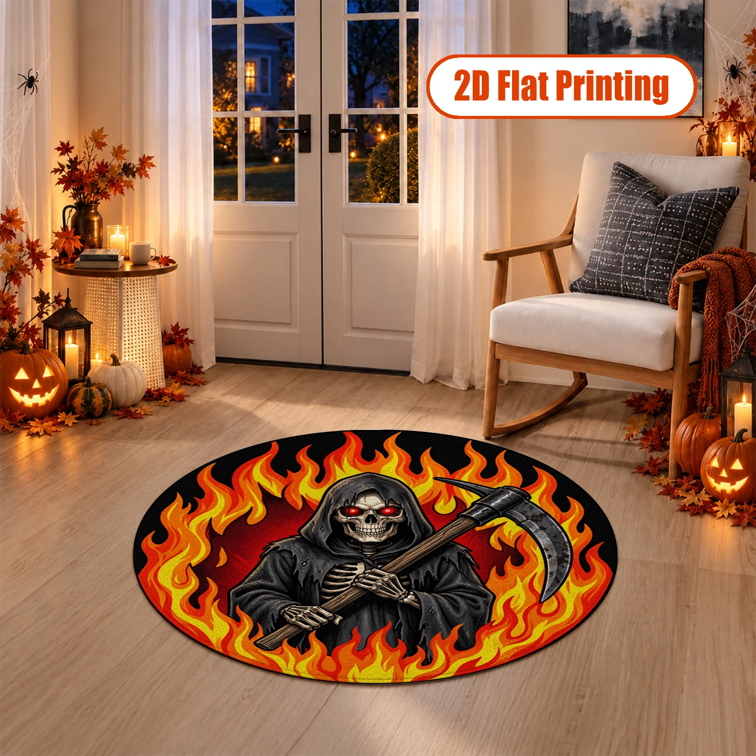 Grim Reaper with Fire Flames Velvet Area Rug Machine Washable for Living Room Bedroom Entryway Ideal for Halloween Thanksgiving Black Friday Christmas New Year