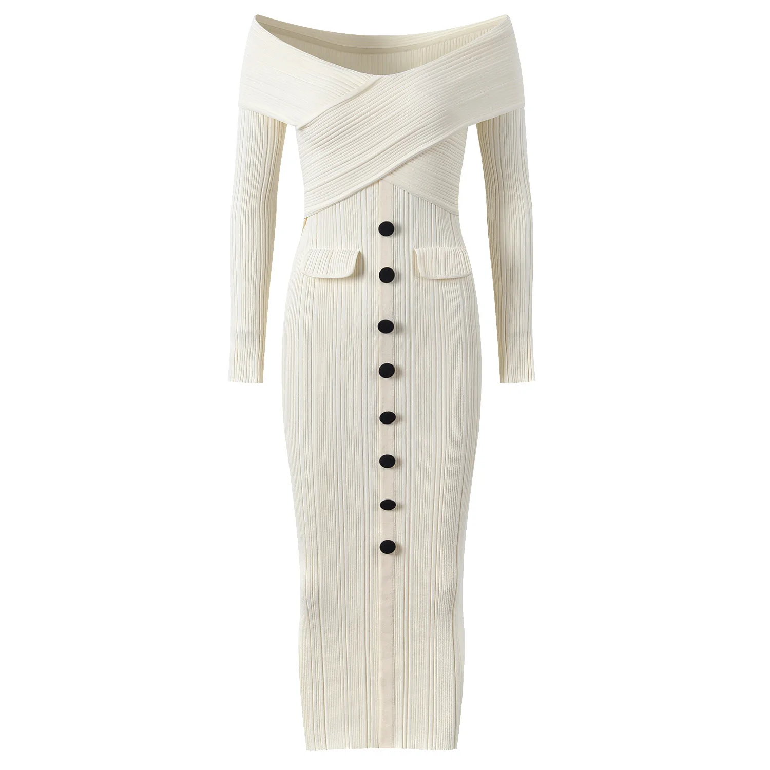 

Ele High-Waisted Knitted Dr with Single Button Detail Long Sve Slimming White Dr for Autumn Winter Season
