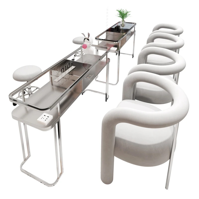 rr-Hot Salon Furniture Silver Glass Nail Treatment Table Rock Plate Paint Nail Treatment Shop Table and Chair Combination#