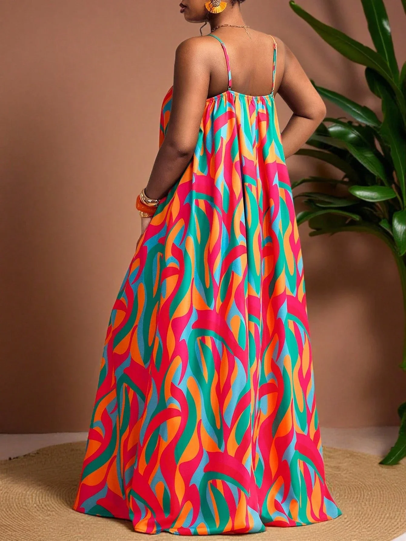 

Plus Size Floral Print Loose Strap Maxi Dress Summer Boho Beach Vacation Dress