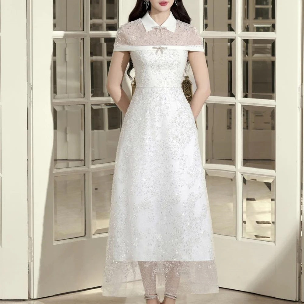 

Customized Sexy Organza A-Line Sequined Crystal Bow Evening Dress Fashion Floor Length Crew neck vestidos de fiesta