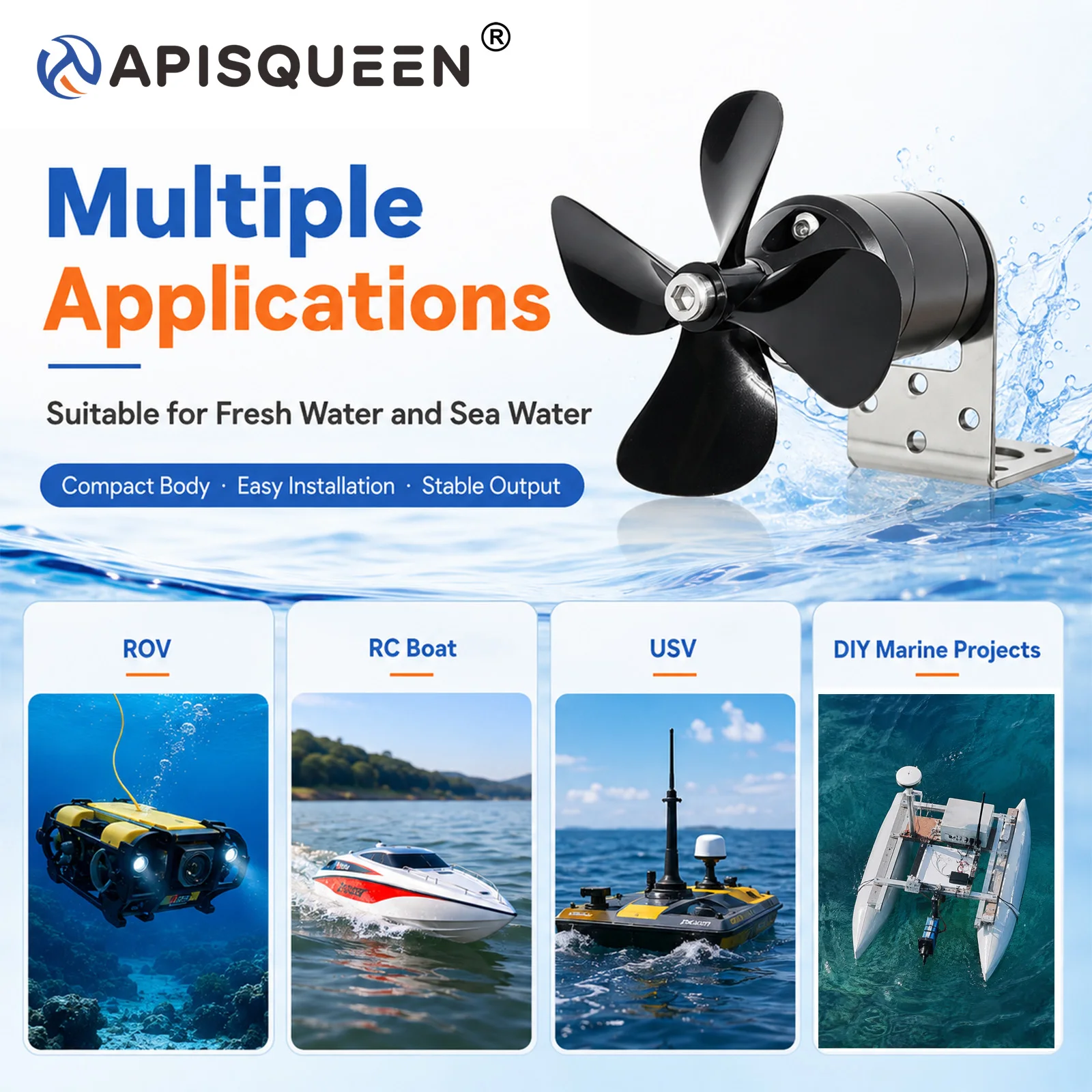 APISQUEEN X3 24V 260W 2.6kg Underwater Thruster Kit with 45A Bidirectional ESC BEC A300 Remote for ROV RC Boat