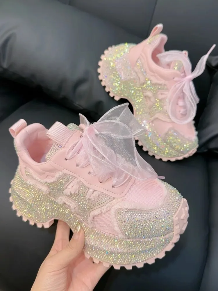 New Women Thick Bottom Mesh Surface Diamonds Platform Solid Color Lace Up Height Increasing Jogger Trainers Running Sneakers