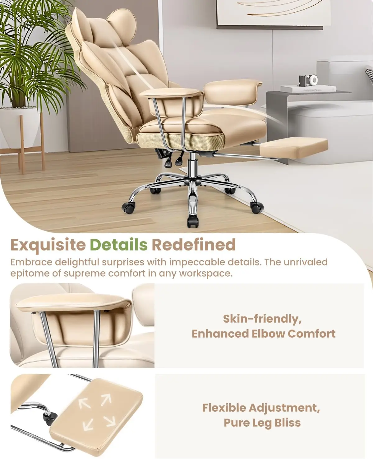 Silla de oficina ejecutiva grande y alta con reposapiés: silla ergonómica reclinable de cuero, respaldo alto con soporte lumbar, grande