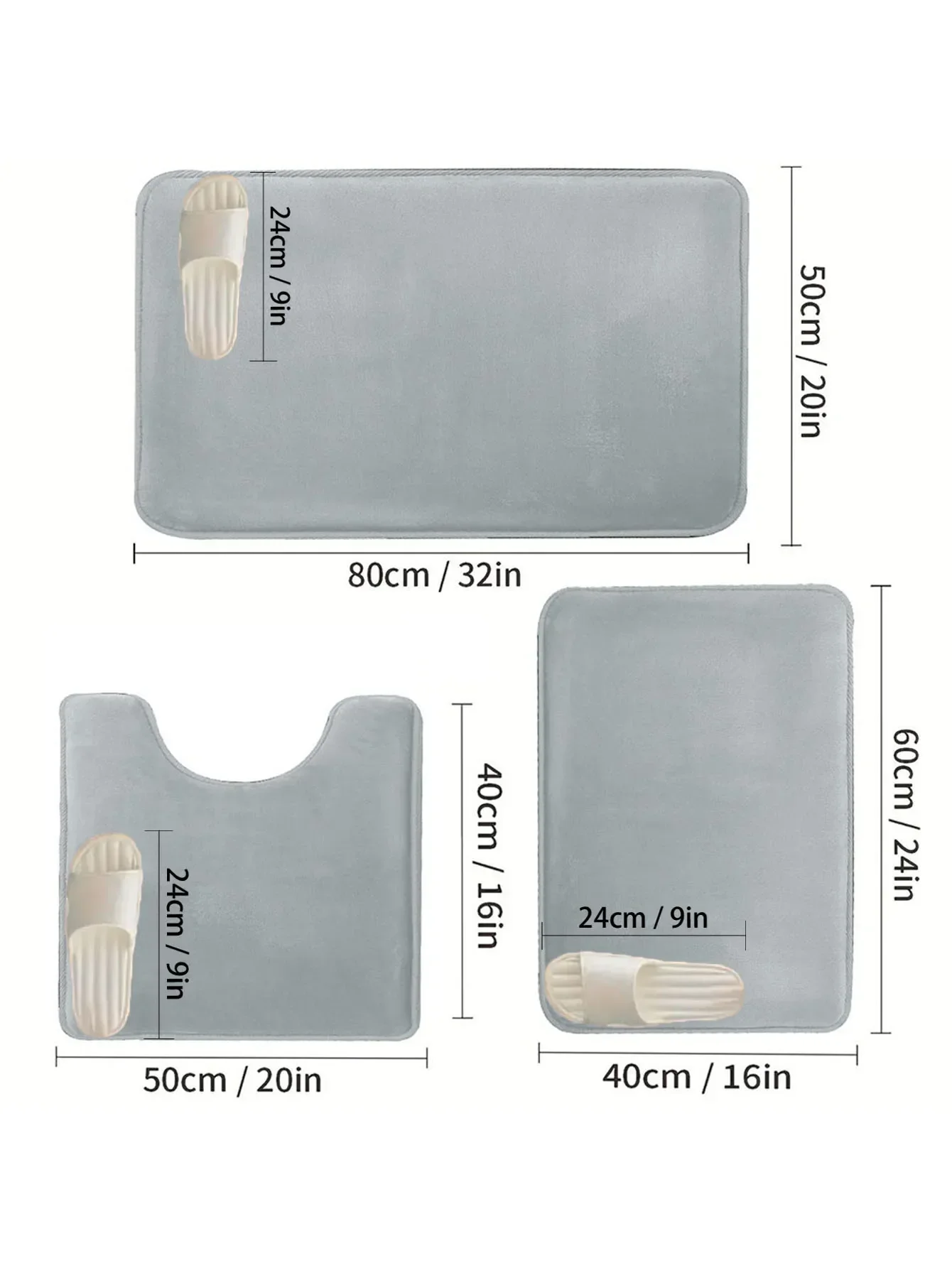 3PC Bathroom Waterproof Non-slip Sponge Carpet Solid Color Gray Three-piece Set, Can Wash Home Decoration Toilet Supplies