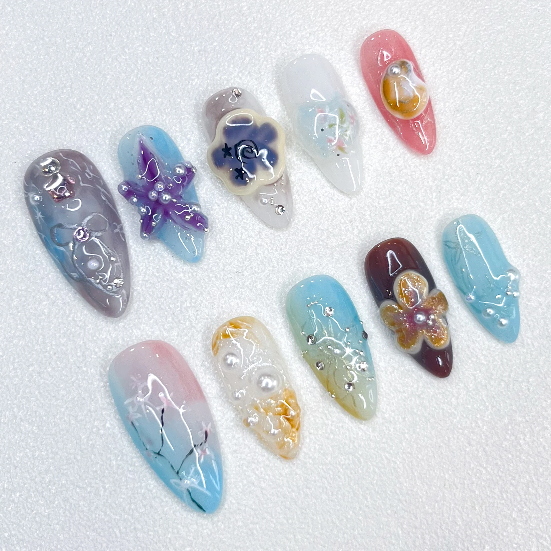 New Handmade Exquisite Relief Flower Style Mandarin Duck Fake Nails Nails Pressed on Female Wear Decoration