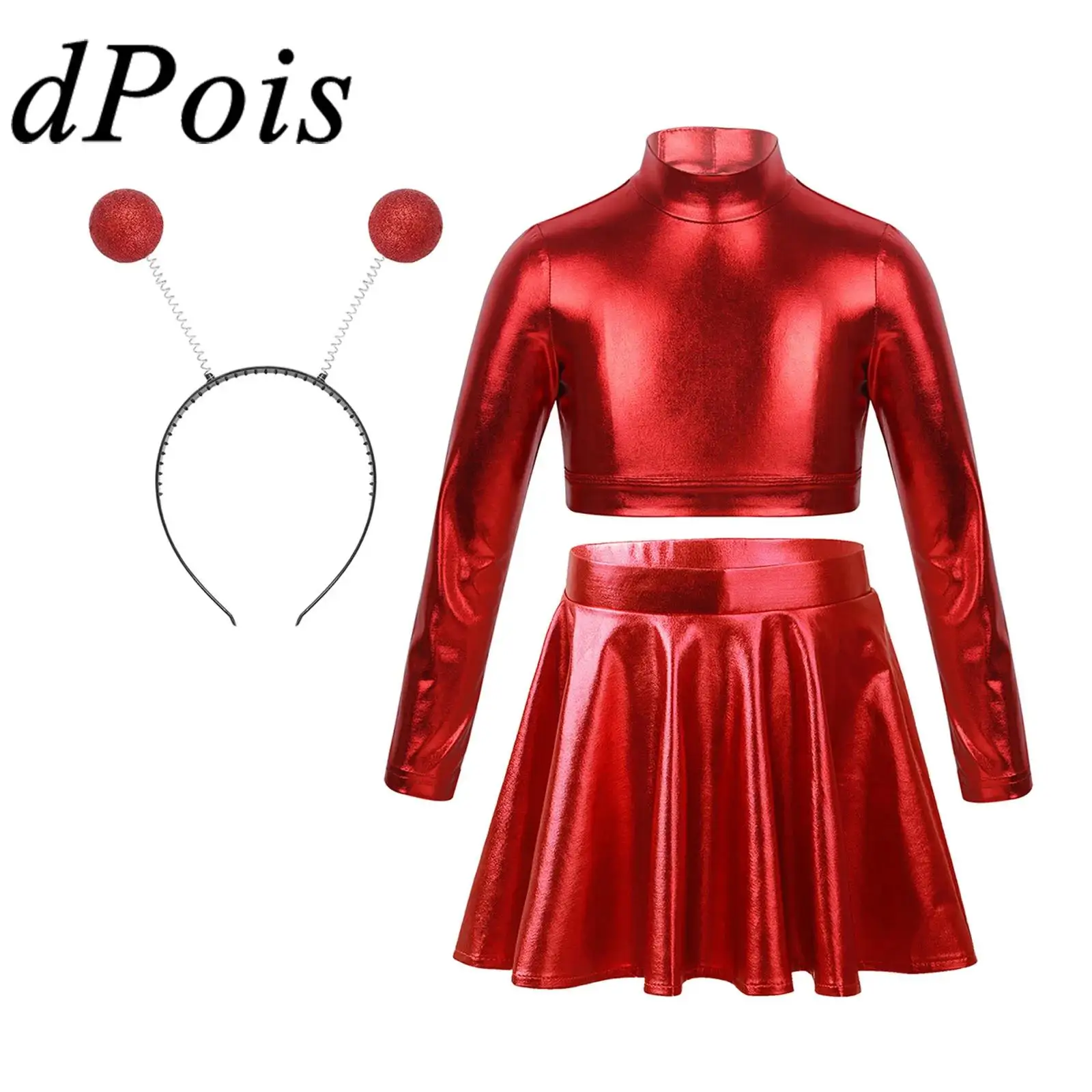 

Girls Alien Cosplay Costume Long Sleeve Metallic Crop Top + Skirt Hair Hoop for Outer Space Astronaut Role Play Party Costume