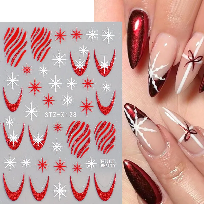 2pcs Sparkly Christmas Nail Stickers Red Candy Cane Stripes Snowflake French Manicure Decals Y2K Winter Glitter Nail Art Decor