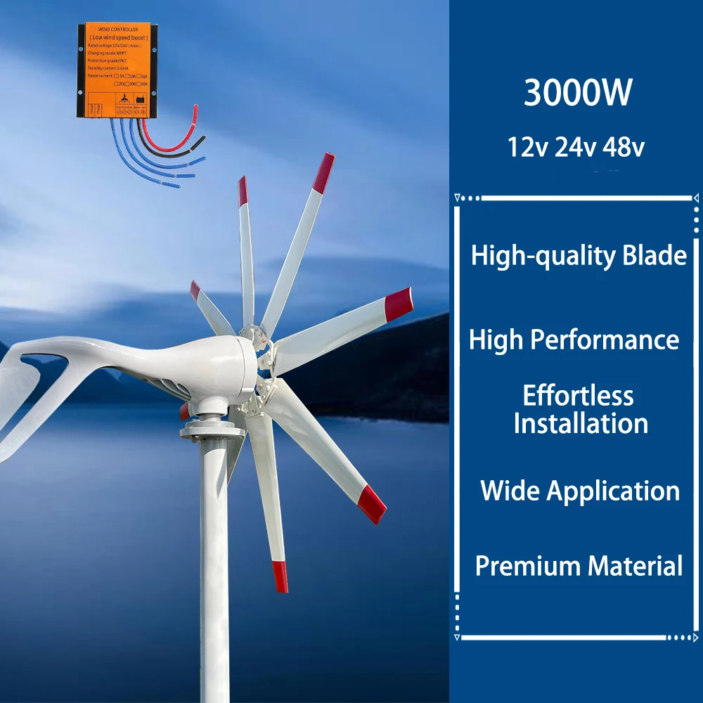 1000W Wind Power Turbines Generator 12V 24V Windmill Generator For Boat With MPPT Controller Low Noise Low Wind Speed Start