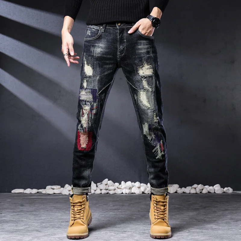 

2023 New Fashion Biker Jeans Men's Distressed Stretch Ripped Hip Hop Slim Fit Holes Punk Denim Cotton High Qual Pants