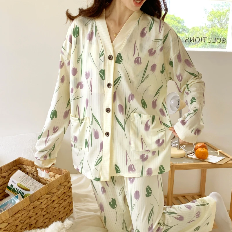 Spring and Autumn Season Double Length Plus Size Pajamas Women's Loose Cardigan V-neck Printed Sweet Home Fury 2-piece Set M-4XL