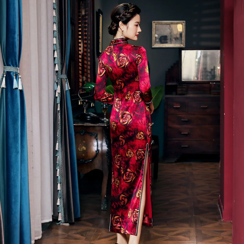 New Rose Print High Quality Real Silk Long Cheongsam Qipao Women's Dress