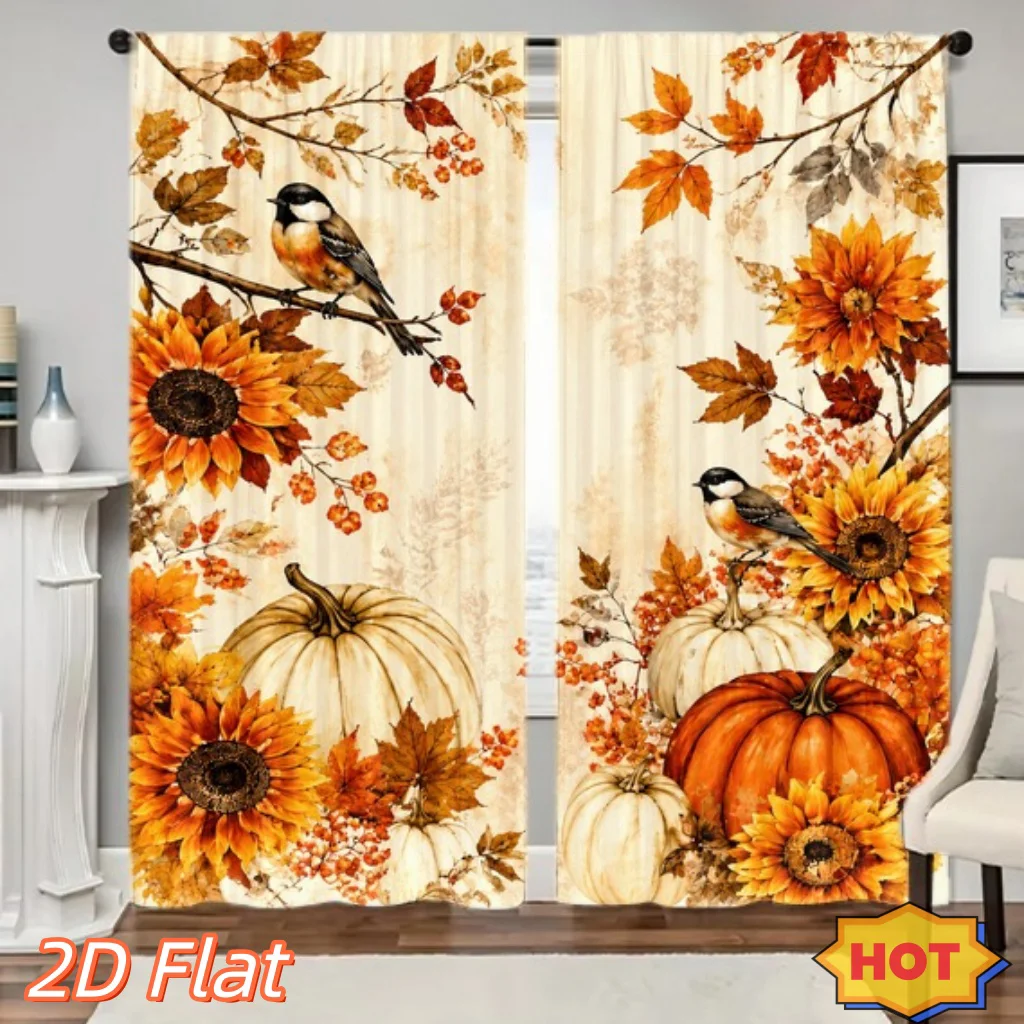 2PCS Digital Print Curtains, Autumn Sunflower Bird White Pumpkin Red Leaf Pattern, Vintage Watercolor Style for Bedroom ／