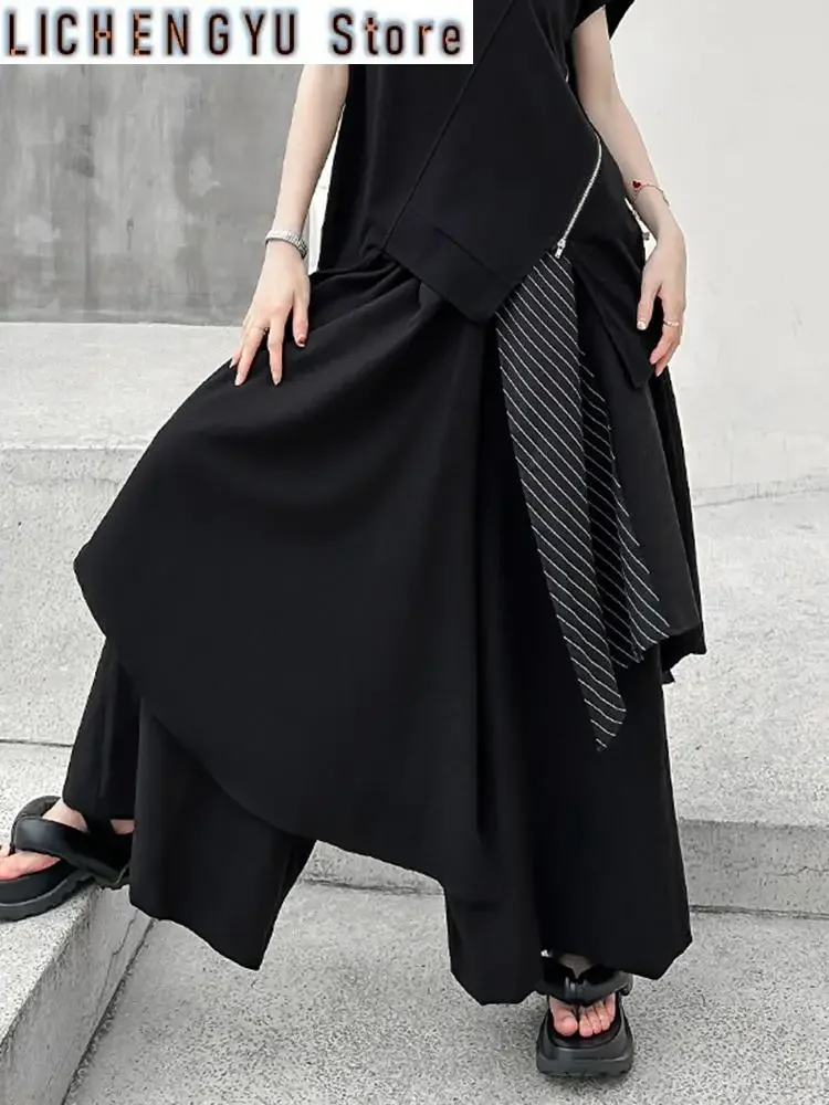 High Elastic Waist Black Striped Irregular Wide Leg Pants New Loose Fit Trousers Women Fashion Spring Autumn