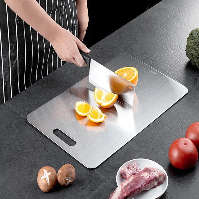 

Titanium Cutting Boards For Kitchen Double-Sided Chopping Board 304 Stainless Steel Food Cutting Mat Serving Tray For Cooking